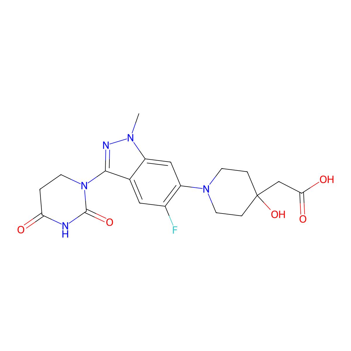 2-(1-(3-(2,4-Dioxotetrahydropyrimidin-1(2H)-yl)-5-fluoro-1-methyl-1H-indazol-6-yl)-4-hydroxypiperidin-4-yl)acetic acid molecular structure, CAS 2654826-81-8