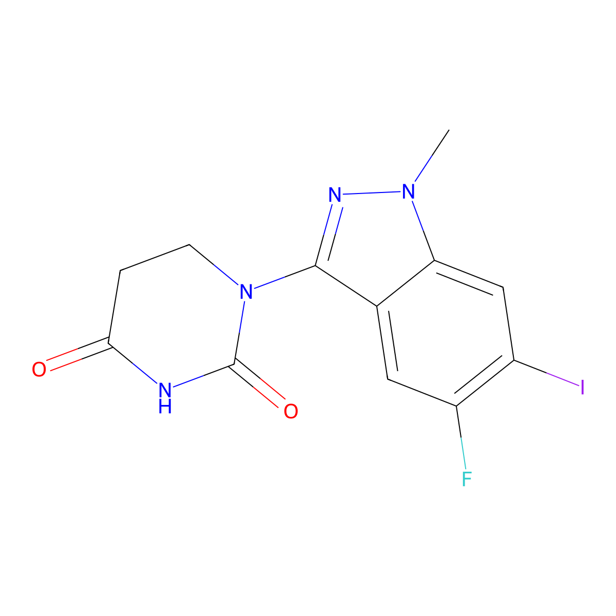 1-(5-Fluoro-6-iodo-1-methyl-1H-indazol-3-yl)dihydropyrimidine-2,4(1H,3H)-dione molecular structure, CAS 2654830-24-5
