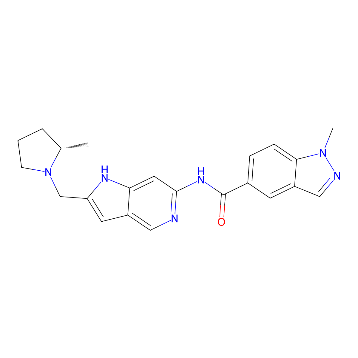 1-methyl-N-[2-[[(2S)-2-methylpyrrolidin-1-yl]methyl]-1H-pyrrolo[3,2-c]pyridin-6-yl]indazole-5-carboxamide molecular structure, CAS 2657651-10-8