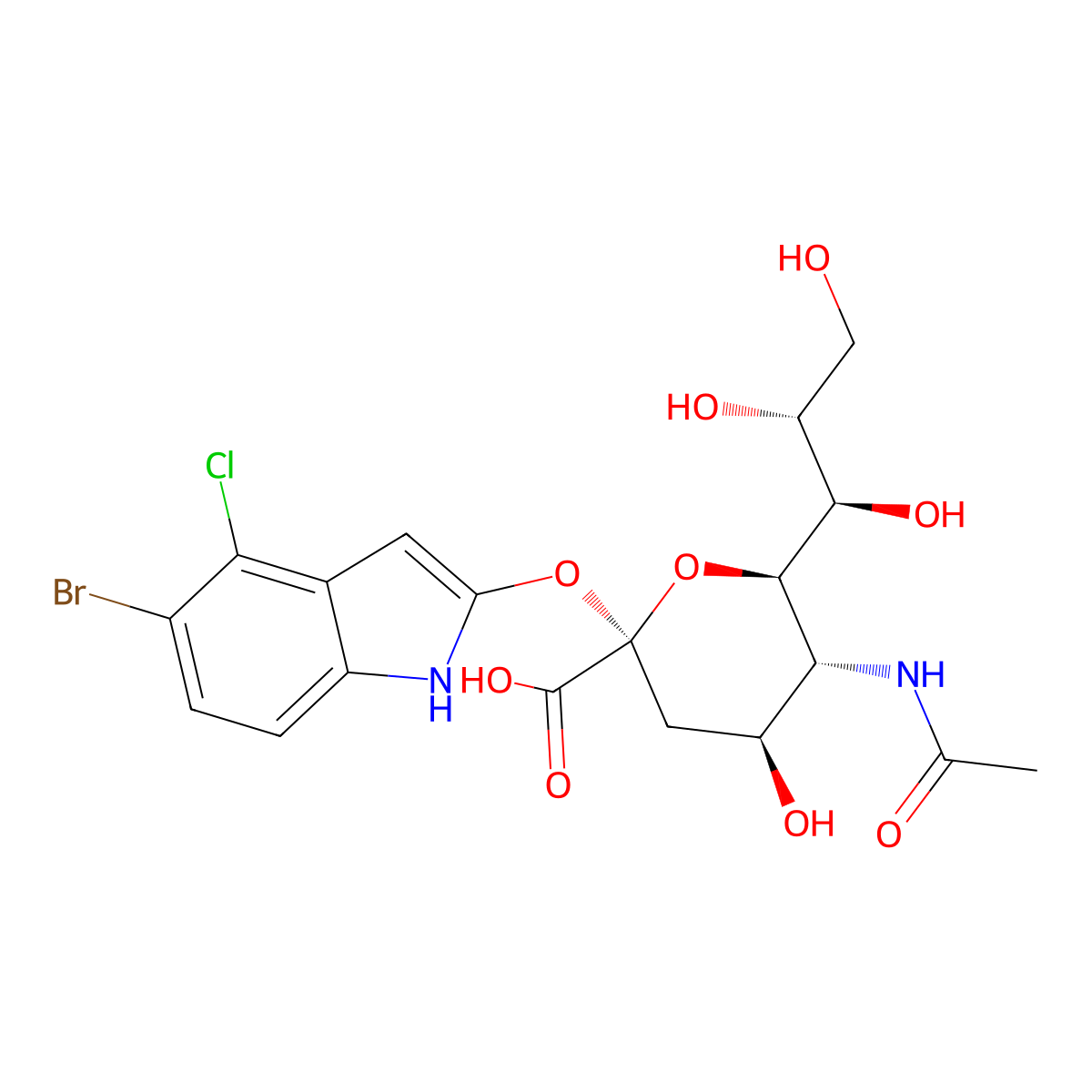 (2R,4S,5R,6R)-5-Acetamido-2-((5-bromo-4-chloro-1H-indol-2-yl)oxy)-4-hydroxy-6-((1R,2R)-1,2,3-trihydroxypropyl)tetrahydro-2H-pyran-2-carboxylic acid molecular structure, CAS 265979-52-0