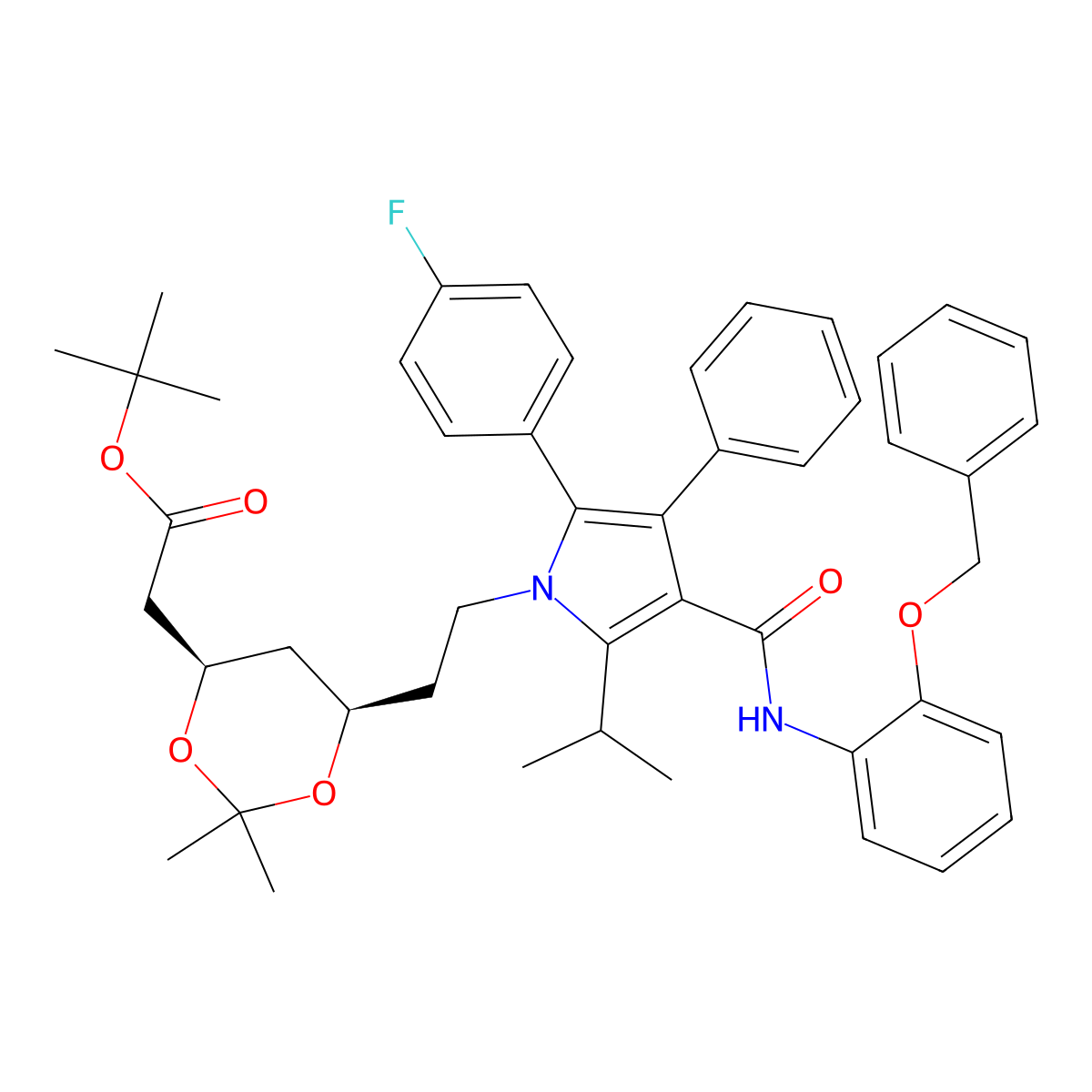 (6-{2-[3-(2-Benzyloxy-phenylcarbamoyl)-5-(4-fluoro-phenyl)-2-isopropyl-4-phenyl-pyrrol-1-yl]-ethyl}-2,2-dimethyl-[1,3]-dioxane-4-yl)-acetic Acid, tert-Butyl Ester molecular structure, CAS 265989-39-7