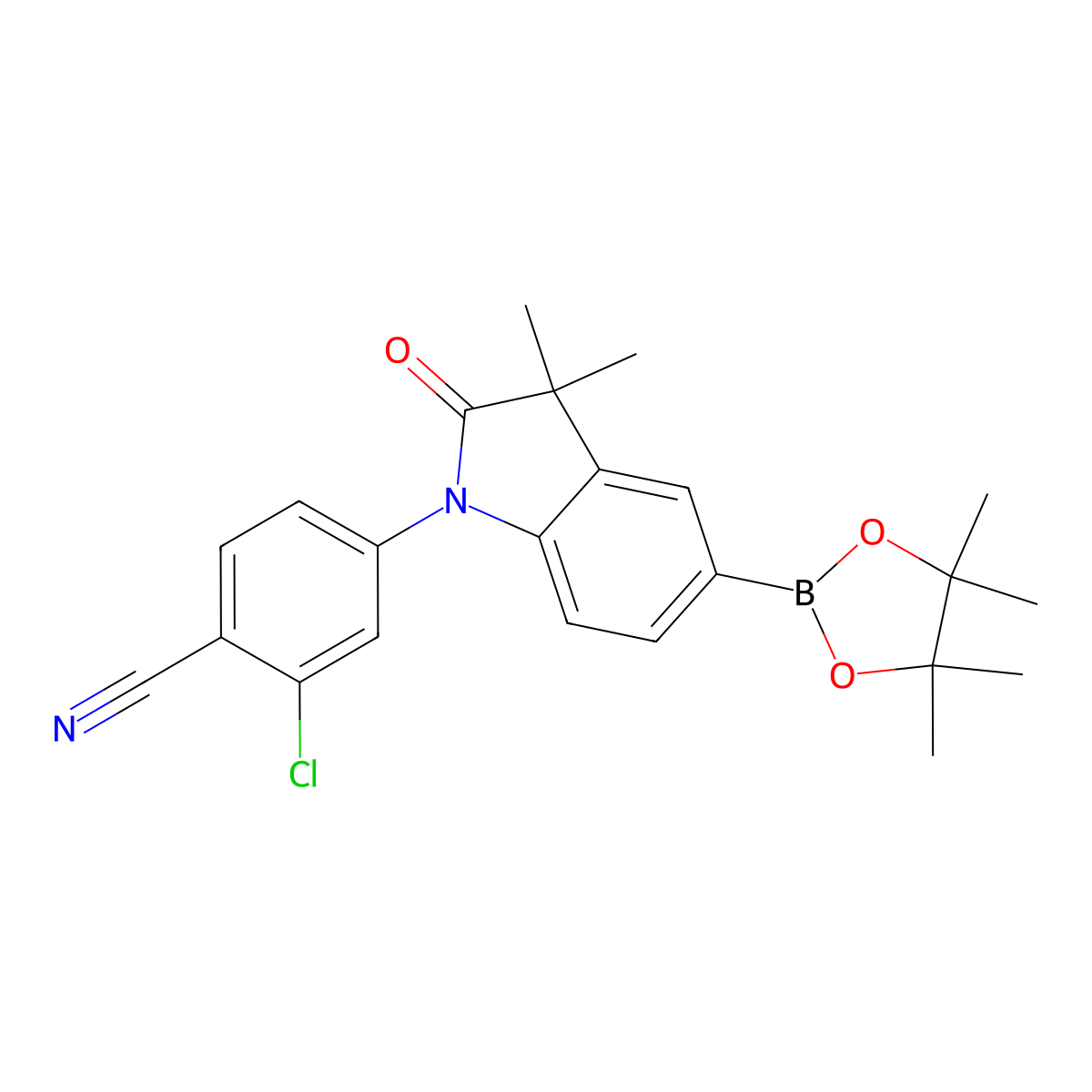 2-chloro-4-(3,3-dimethyl-2-oxo-5-(tetramethyl-1,3,2-dioxaborolan-2-yl)-2,3-dihydro-1H-indol-1-yl)benzonitrile molecular structure, CAS 2660032-69-7
