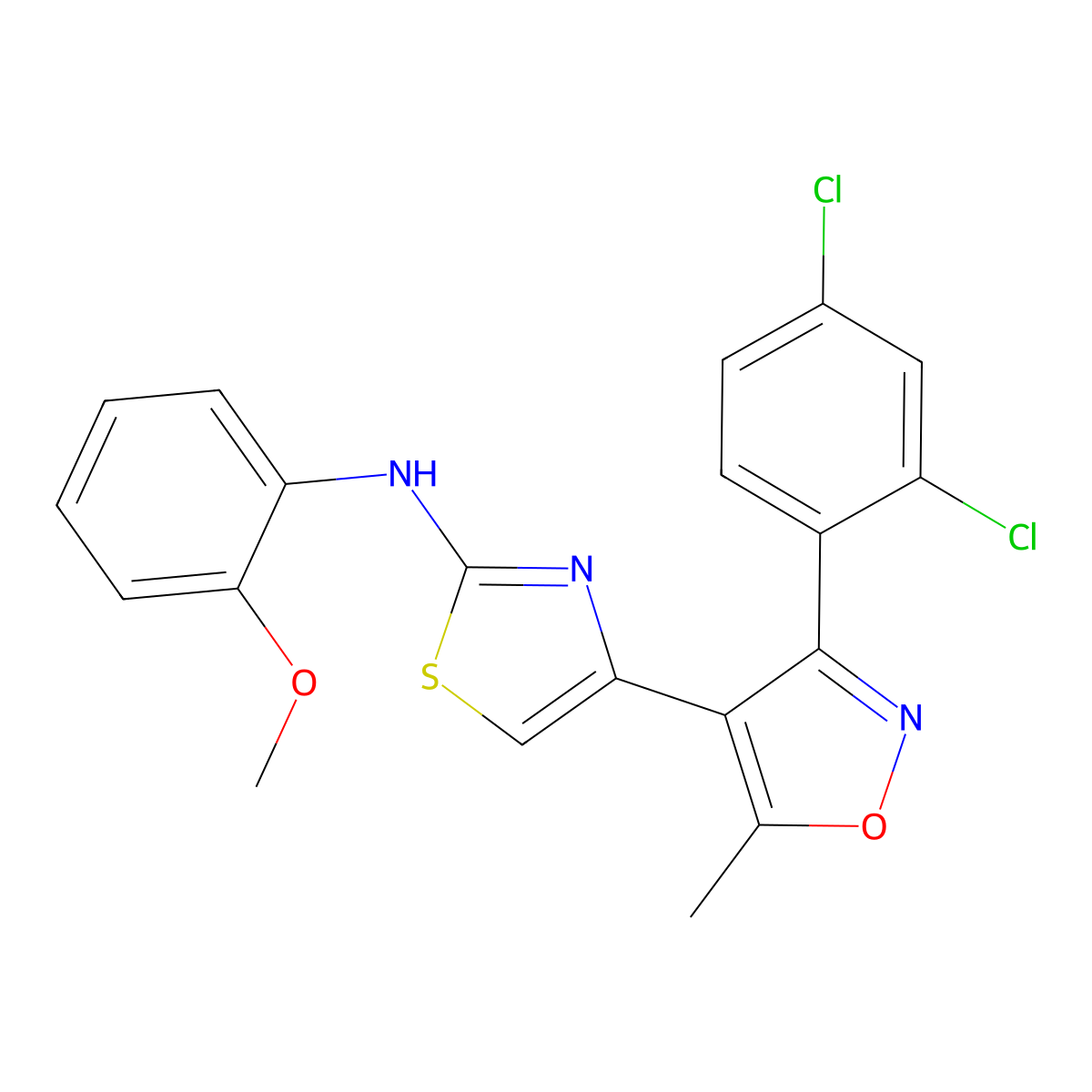 4-[3-(2,4-dichlorophenyl)-5-methyl-1,2-oxazol-4-yl]-N-(2-methoxyphenyl)-1,3-thiazol-2-amine molecular structure, CAS 266362-90-7
