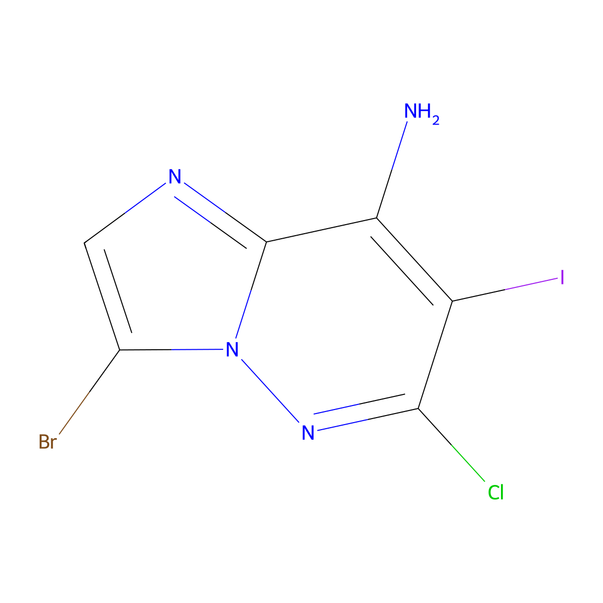3-Bromo-6-chloro-7-iodoimidazo[1,2-b]pyridazin-8-amine molecular structure, CAS 2664901-38-4