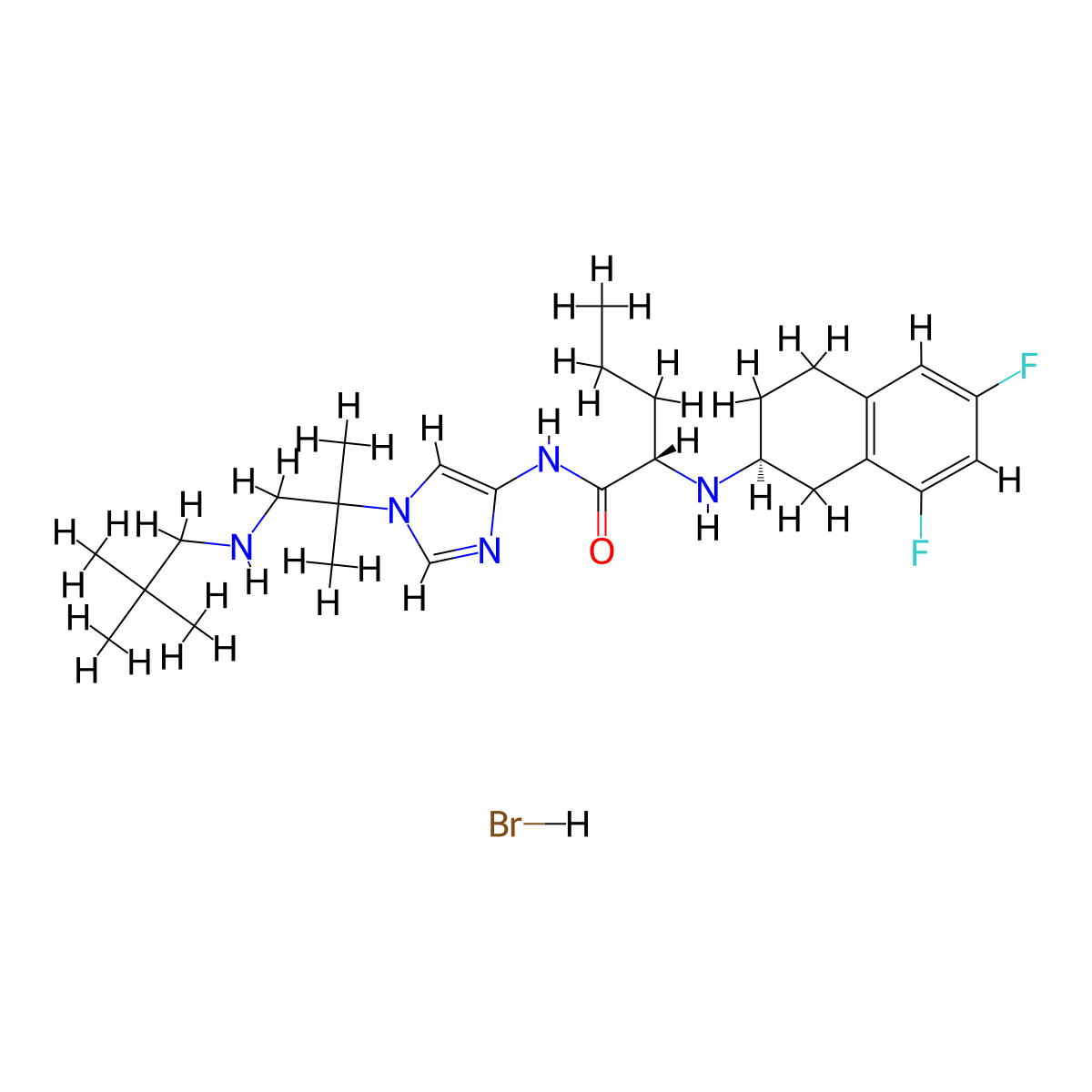 (2S)-2-{[(2S)-6,8-difluoro-1,2,3,4-tetrahydronaphthalen-2-yl]amino}-N-(1-{1-[(2,2-dimethylpropyl)amino]-2-methylpropan-2-yl}-1H-imidazol-4-yl)pentanamide hydrobromide molecular structure, CAS 2664906-78-7