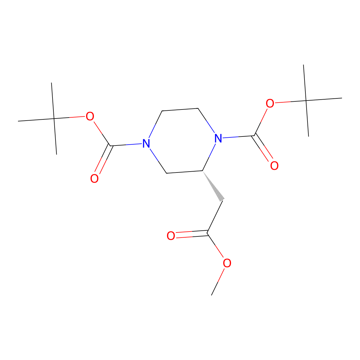 DI-Tert-butyl (R)-2-(2-methoxy-2-oxoethyl)piperazine-1,4-dicarboxylate molecular structure, CAS 2664977-59-5