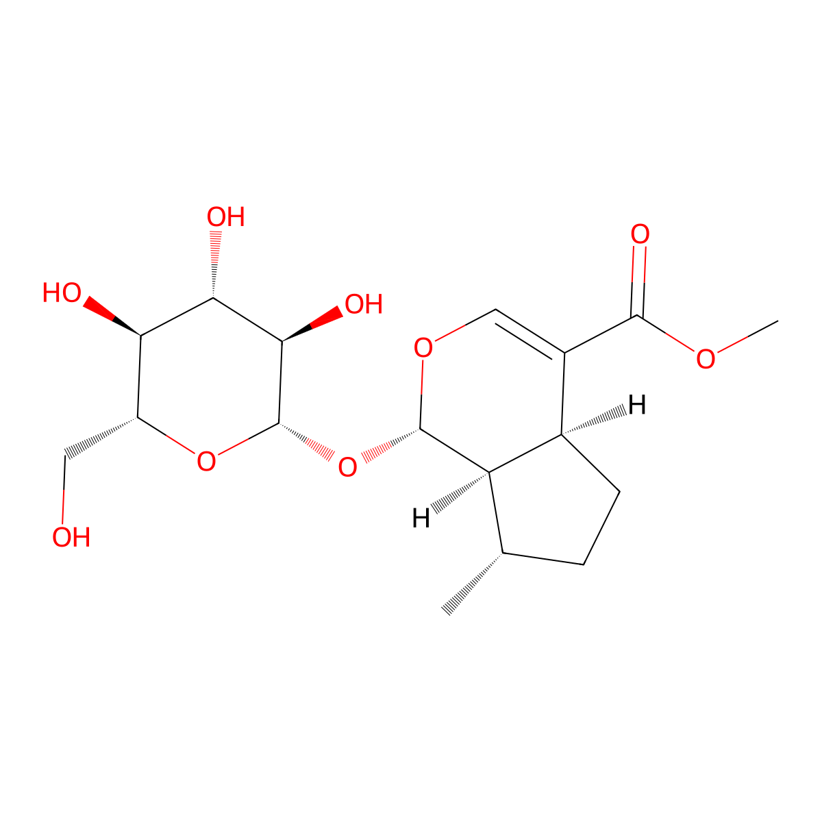 Cyclopenta(c)pyran-4-carboxylic acid, 1-(beta-D-glucopyranosyloxy)-1,4a,5,6,7,7a-hexahydro-7-methyl-, methyl ester, (1S,4aS,7S,7aR)- molecular structure, CAS 26660-57-1