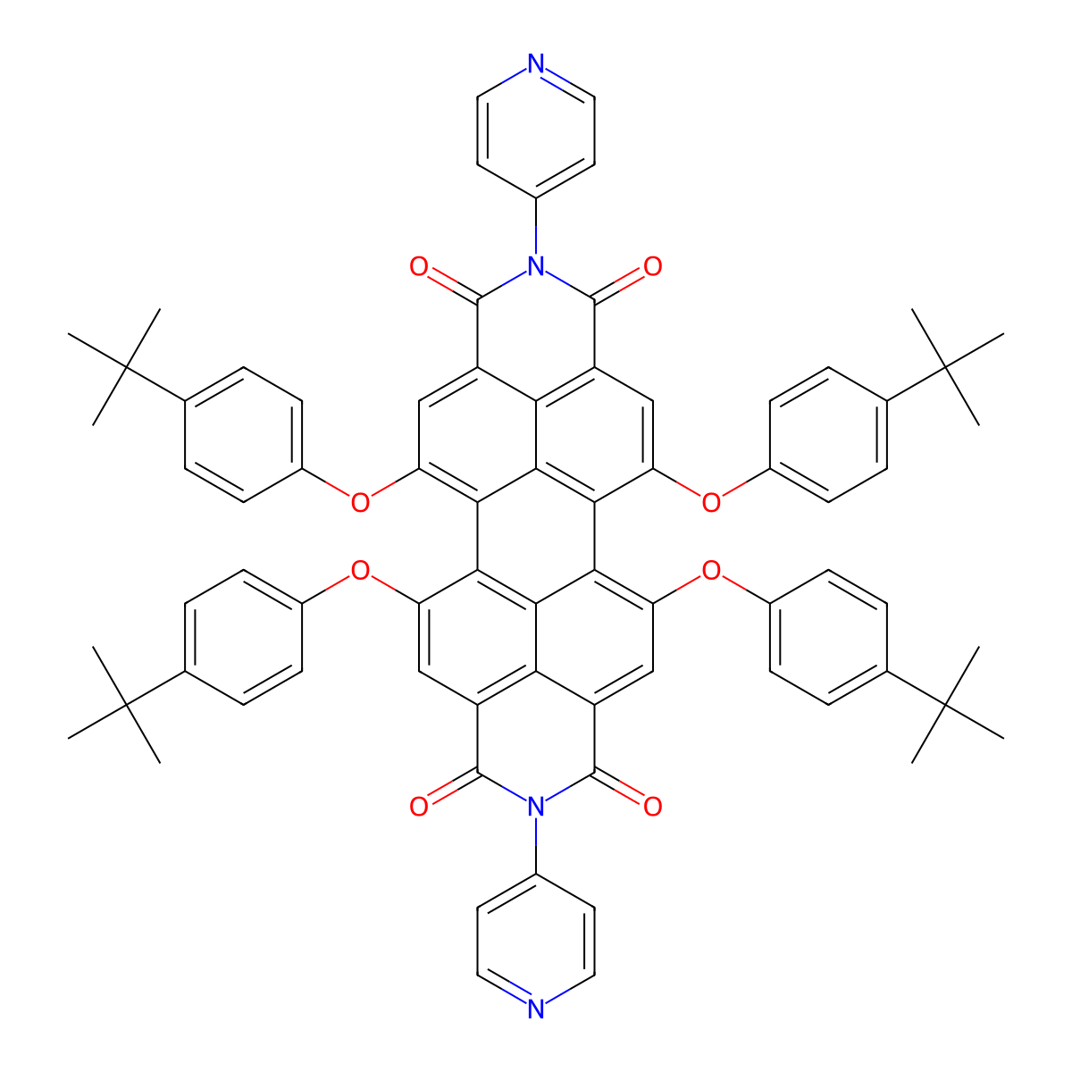 5,6,12,13-Tetrakis[4-(1,1-dimethylethyl)phenoxy]-2,9-DI-4-pyridinylanthra[2,1,9-def:6,5,10-D'E'F']diisoquinoline-1,3,8,10(2H,9H)-tetrone molecular structure, CAS 266678-68-6
