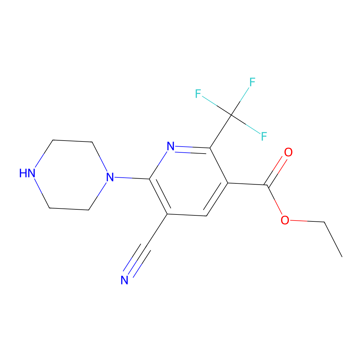 Ethyl 5-cyano-6-(piperazin-1-yl)-2-(trifluoromethyl)nicotinate molecular structure, CAS 266680-09-5