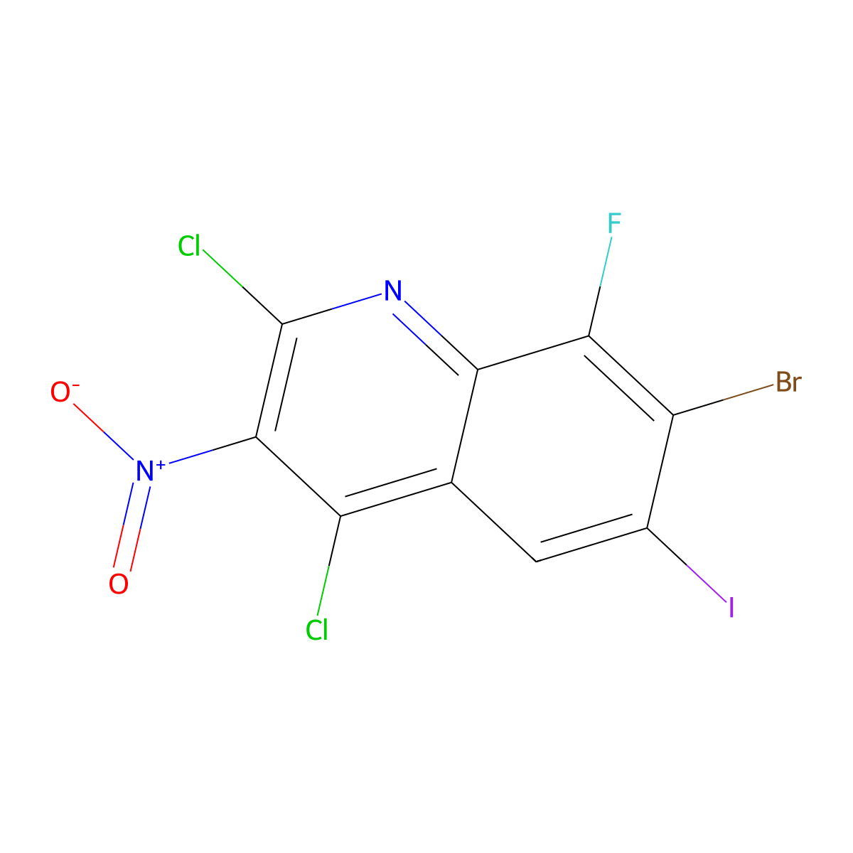 7-Bromo-2,4-dichloro-8-fluoro-6-iodo-3-nitroquinoline molecular structure, CAS 2667057-58-9