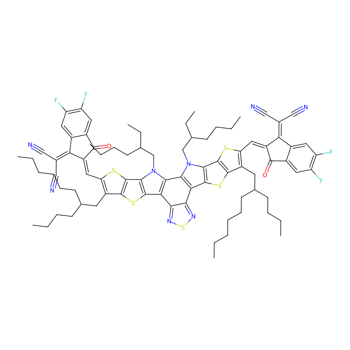 2-[2-[[8,22-Bis(2-butyloctyl)-23-[[1-(dicyanomethylidene)-5,6-difluoro-3-oxoinden-2-ylidene]methyl]-3,27-bis(2-ethylhexyl)-6,10,15,20,24-pentathia-3,14,16,27-tetrazaoctacyclo[16.9.0.02,12.04,11.05,9.013,17.019,26.021,25]heptacosa-1(18),2(12),4(11),5(9),7,13,16,19(26),21(25),22-decaen-7-yl]methylidene]-5,6-difluoro-3-oxoinden-1-ylidene]propanedinitrile molecular structure, CAS 2668341-40-8