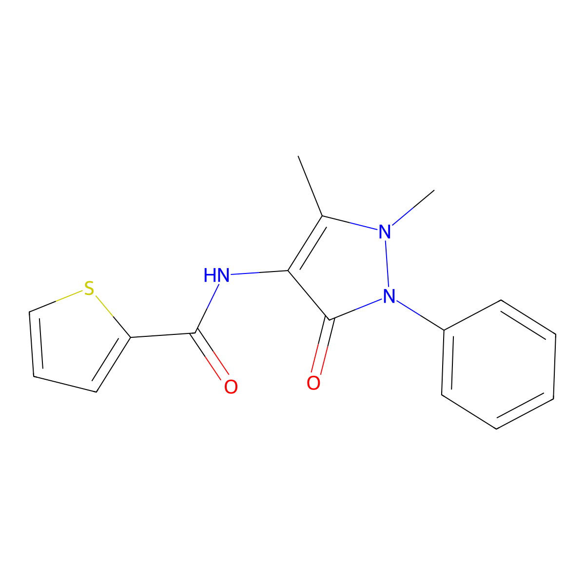 2-Thiophenecarboxamide, N-(2,3-dihydro-1,5-dimethyl-3-oxo-2-phenyl-1H-pyrazol-4-yl)- molecular structure, CAS 26690-91-5
