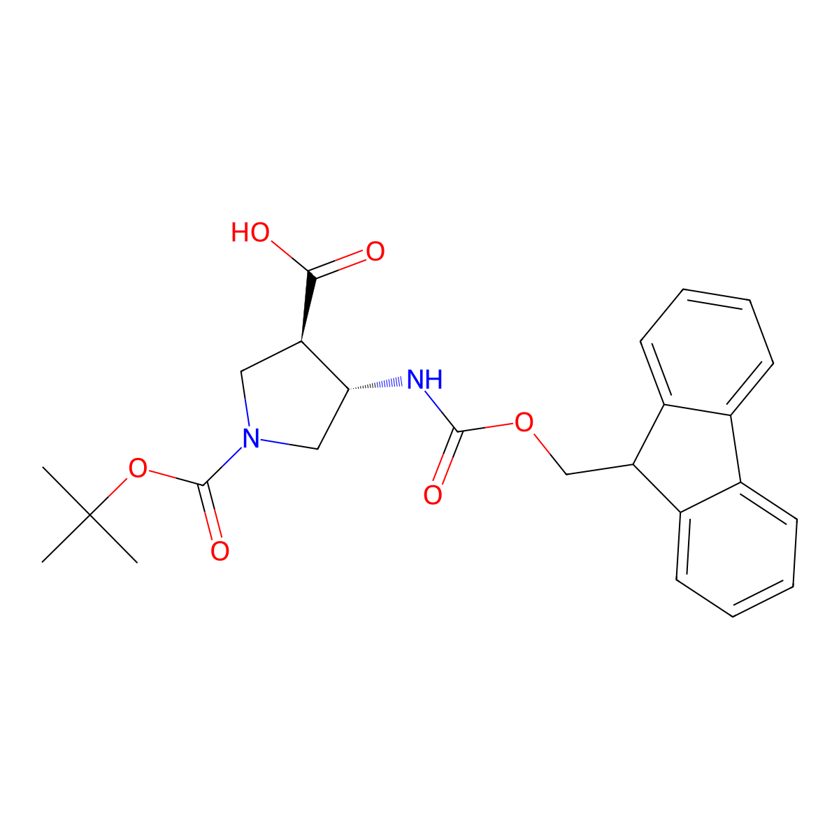 (3R,4S)-4-((((9H-Fluoren-9-yl)methoxy)carbonyl)amino)-1-(tert-butoxycarbonyl)pyrrolidine-3-carboxylic acid molecular structure, CAS 267230-44-4