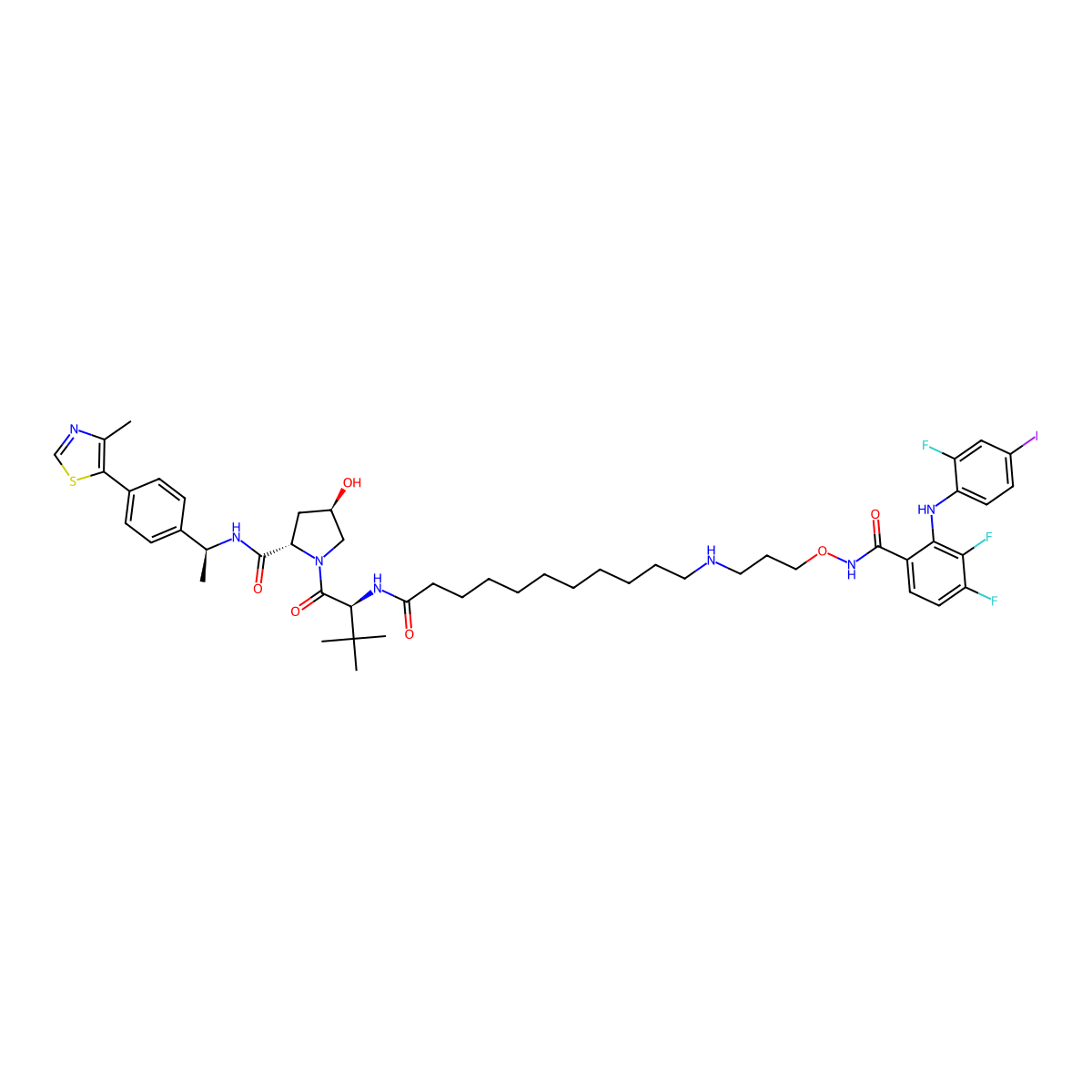 (2S,4R)-1-((S)-20-(tert-Butyl)-1-(3,4-difluoro-2-((2-fluoro-4-iodophenyl)amino)phenyl)-1,18-dioxo-3-oxa-2,7,19-triazahenicosan-21-oyl)-4-hydroxy-N-((S)-1-(4-(4-methylthiazol-5-yl)phenyl)ethyl)pyrrolidine-2-carboxamide molecular structure, CAS 2672512-44-4