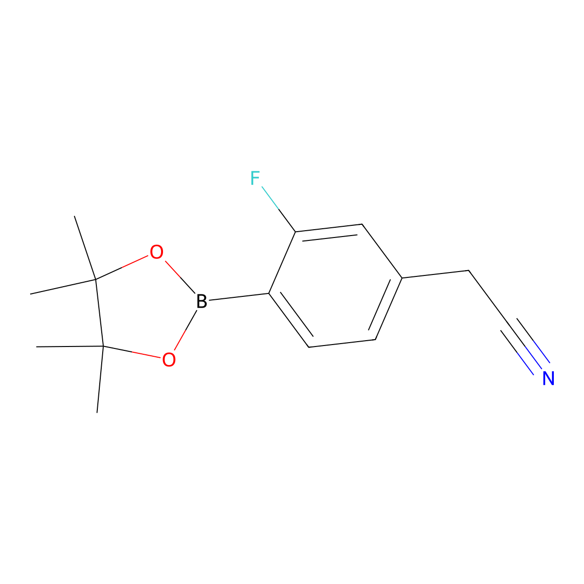 2-(3-Fluoro-4-(4,4,5,5-tetramethyl-1,3,2-dioxaborolan-2-yl)phenyl)acetonitrile molecular structure, CAS 2673219-64-0