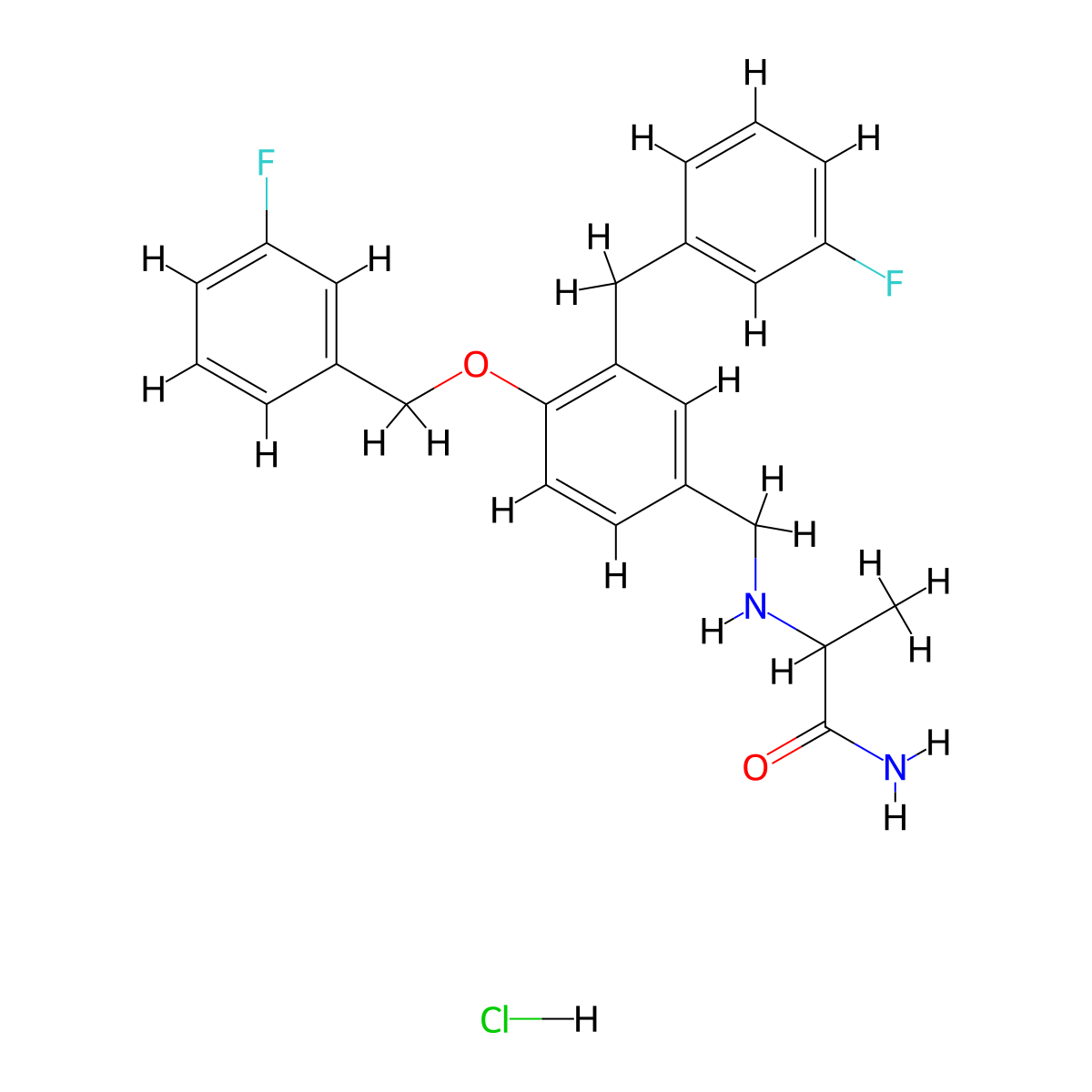 2-[[4-[(3-Fluorophenyl)methoxy]-3-[(3-fluorophenyl)methyl]phenyl]methylamino]propanamide;hydrochloride molecular structure, CAS 2673270-32-9