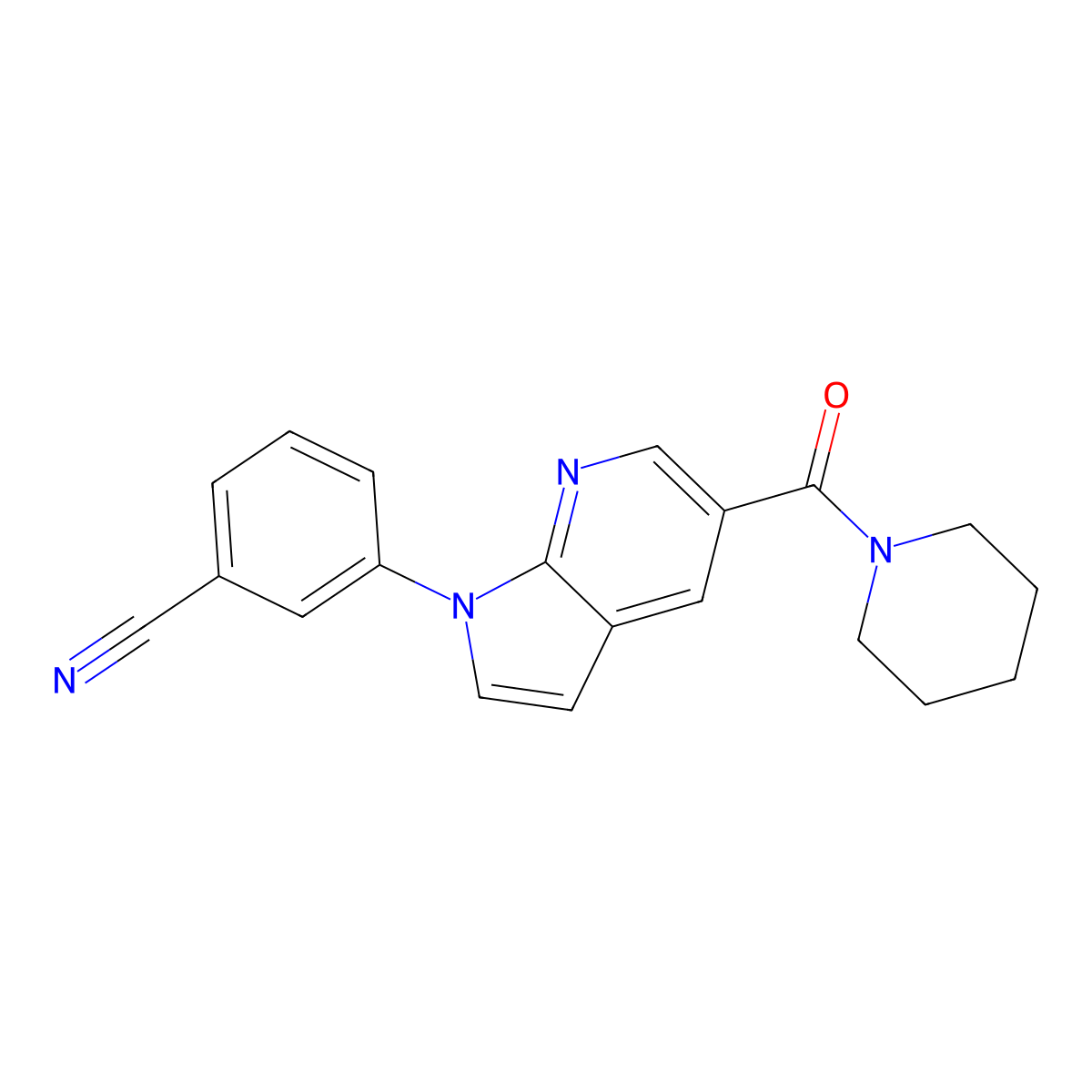 3-[5-(1-Piperidinylcarbonyl)-1H-pyrrolo[2,3-b]pyridin-1-yl]benzonitrile molecular structure, CAS 2673403-86-4