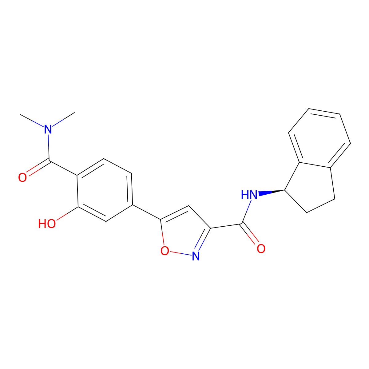 (R)-N-(2,3-Dihydro-1H-inden-1-yl)-5-(4-(dimethylcarbamoyl)-3-hydroxyphenyl)isoxazole-3-carboxamide molecular structure, CAS 2675452-91-0