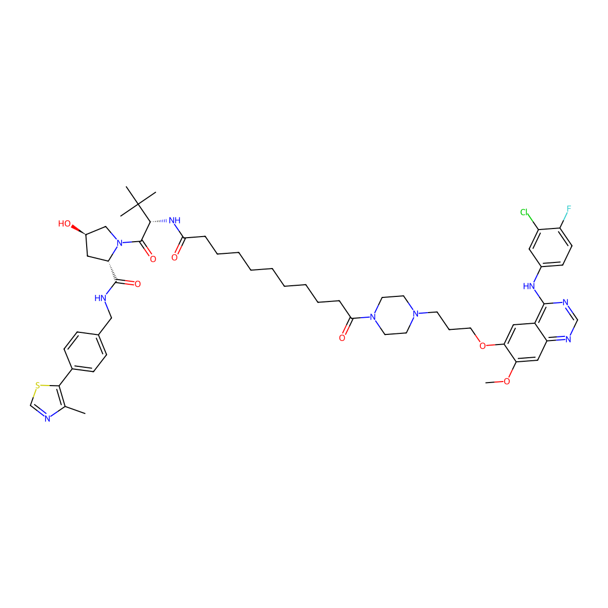 (2S,4R)-1-((S)-2-(11-(4-(3-((4-((3-Chloro-4-fluorophenyl)amino)-7-methoxyquinazolin-6-yl)oxy)propyl)piperazin-1-yl)-11-oxoundecanamido)-3,3-dimethylbutanoyl)-4-hydroxy-N-(4-(4-methylthiazol-5-yl)benzyl)pyrrolidine-2-carboxamide molecular structure, CAS 2675490-92-1