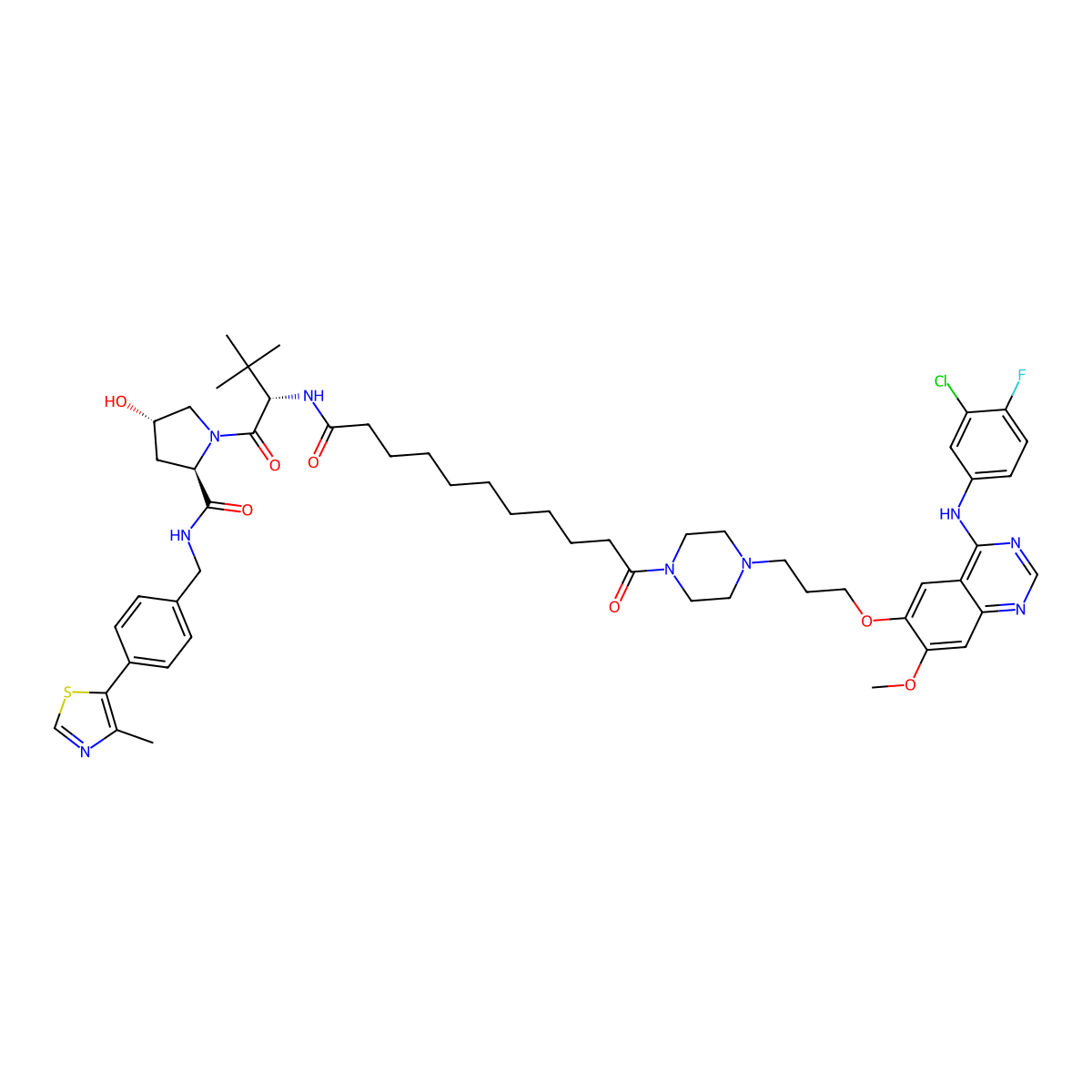 (2R,4S)-1-[(2S)-2-[[11-[4-[3-[4-(3-chloro-4-fluoroanilino)-7-methoxyquinazolin-6-yl]oxypropyl]piperazin-1-yl]-11-oxoundecanoyl]amino]-3,3-dimethylbutanoyl]-4-hydroxy-N-[[4-(4-methyl-1,3-thiazol-5-yl)phenyl]methyl]pyrrolidine-2-carboxamide molecular structure, CAS 2675490-96-5