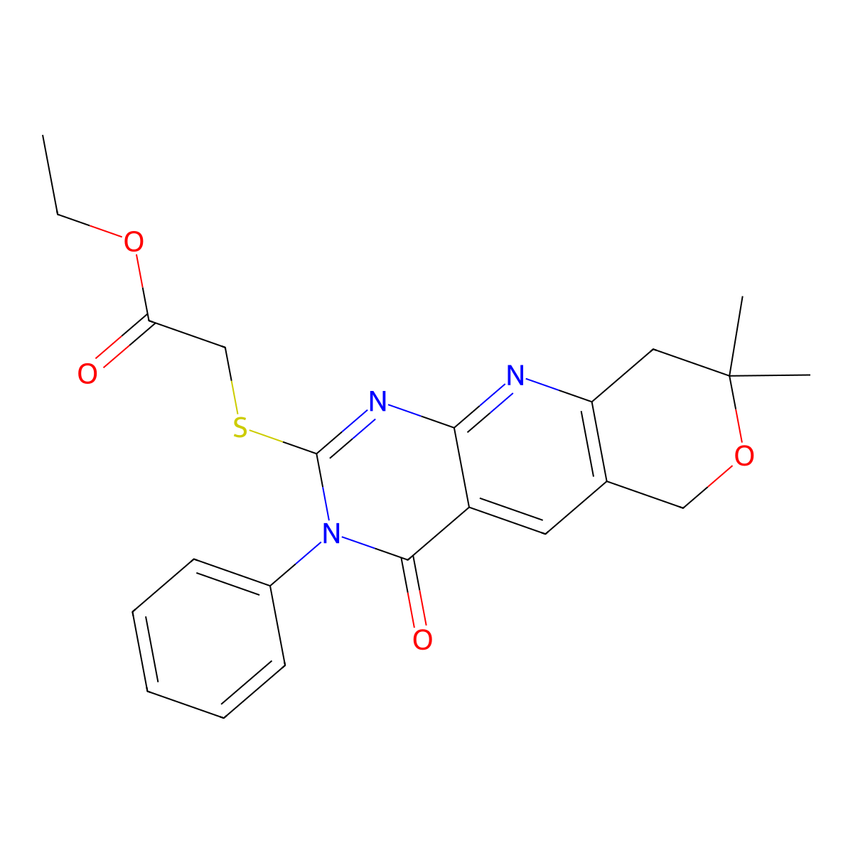ethyl 2-((8,8-dimethyl-4-oxo-3-phenyl-4,6,8,9-tetrahydro-3H-pyrano[3',4':5,6]pyrido[2,3-d]pyrimidin-2-yl)thio)acetate molecular structure, CAS 267665-51-0