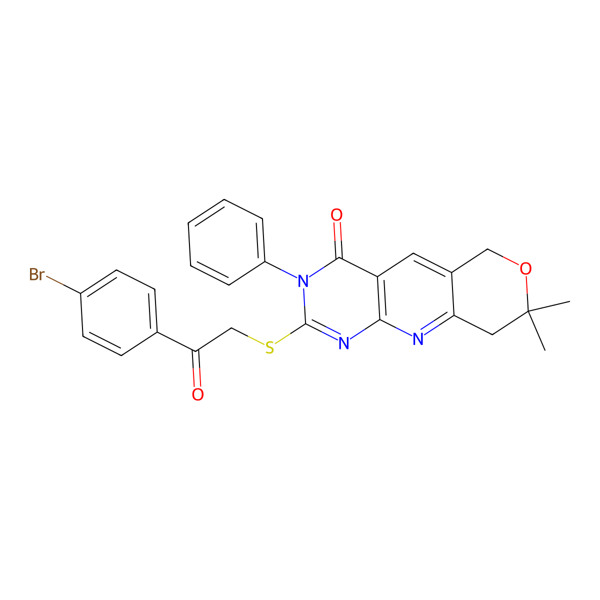 2-[2-(4-Bromophenyl)-2-oxoethyl]sulfanyl-8,8-dimethyl-3-phenyl-6,9-dihydropyrano[3,4]pyrido[3,5-b]pyrimidin-4-one molecular structure, CAS 267665-53-2