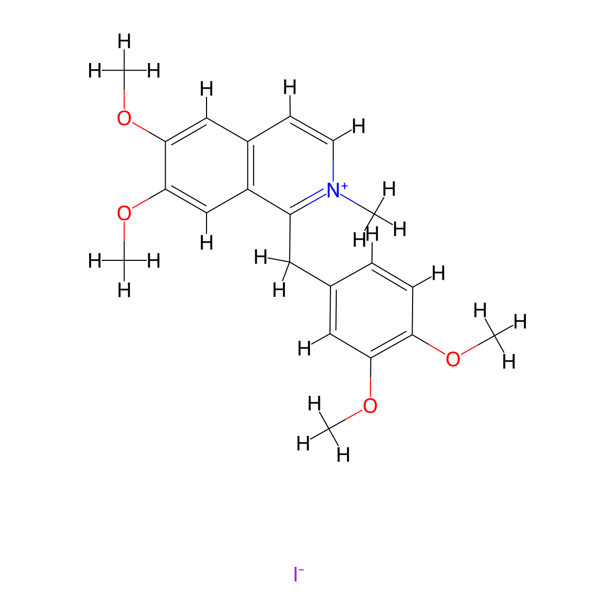 Isoquinolinium, 1-((3,4-dimethoxyphenyl)methyl)-6,7-dimethoxy-2-methyl-, iodide (1:1) molecular structure, CAS 2679-26-7