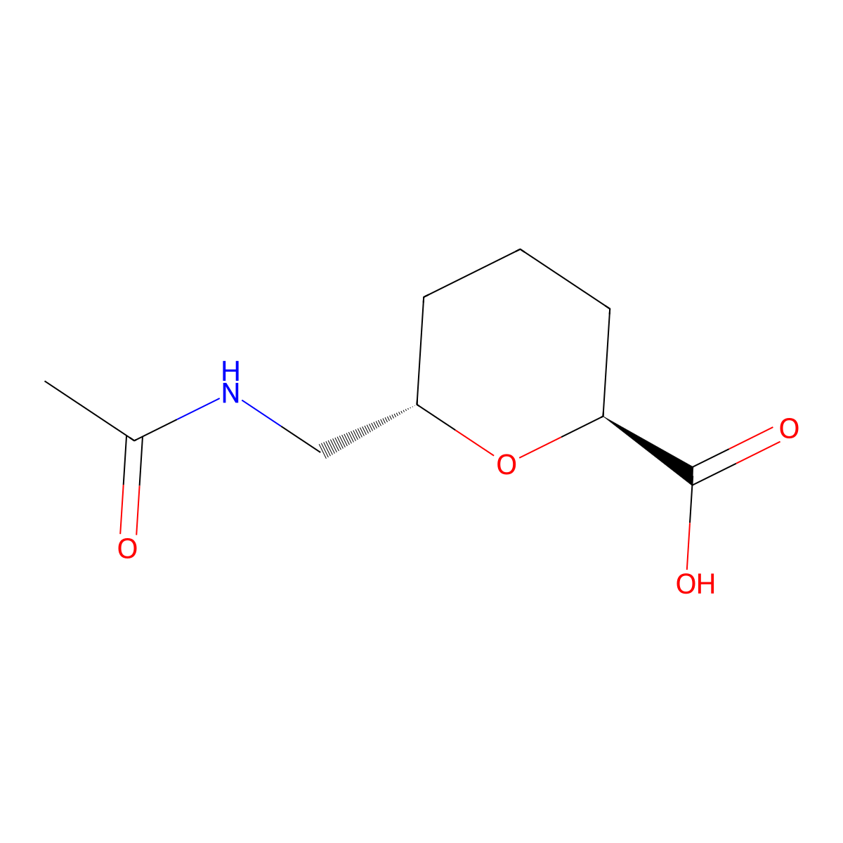rac-(2R,6R)-6-(acetamidomethyl)oxane-2-carboxylic acid molecular structure, CAS 2679802-10-7