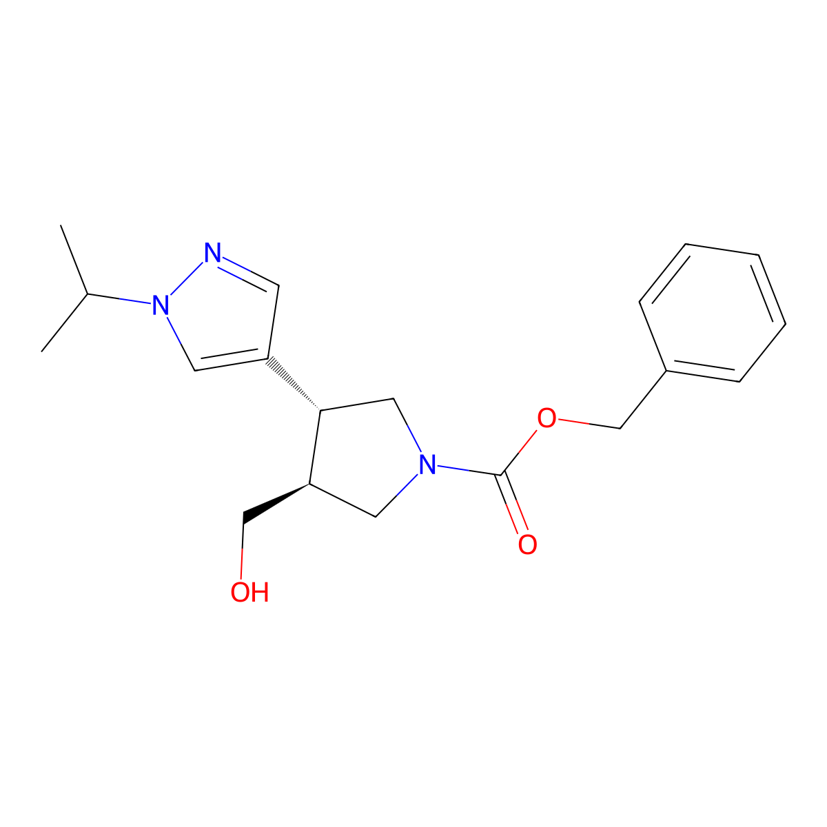 rac-benzyl (3R,4S)-3-(hydroxymethyl)-4-[1-(propan-2-yl)-1H-pyrazol-4-yl]pyrrolidine-1-carboxylate molecular structure, CAS 2679802-20-9