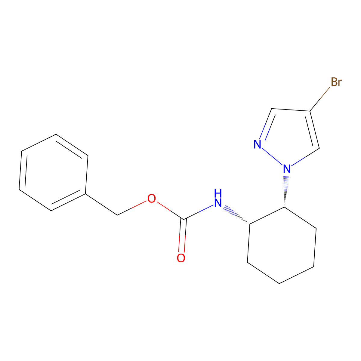 rac-benzyl N-[(1R,2S)-2-(4-bromo-1H-pyrazol-1-yl)cyclohexyl]carbamate molecular structure, CAS 2679802-26-5