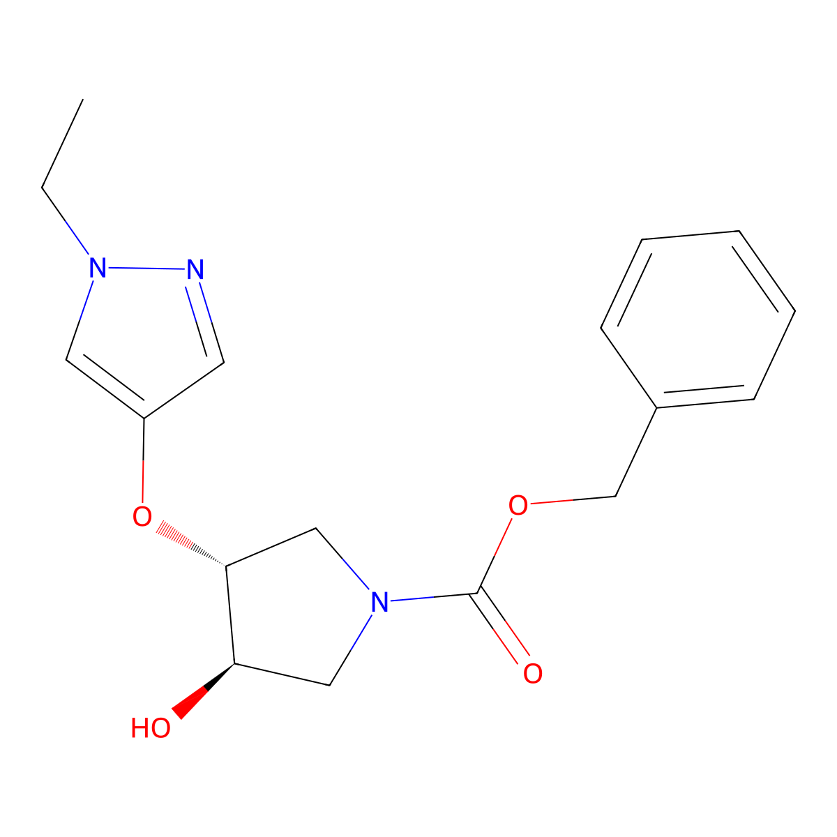 rac-benzyl (3R,4R)-3-[(1-ethyl-1H-pyrazol-4-yl)oxy]-4-hydroxypyrrolidine-1-carboxylate molecular structure, CAS 2679809-46-0