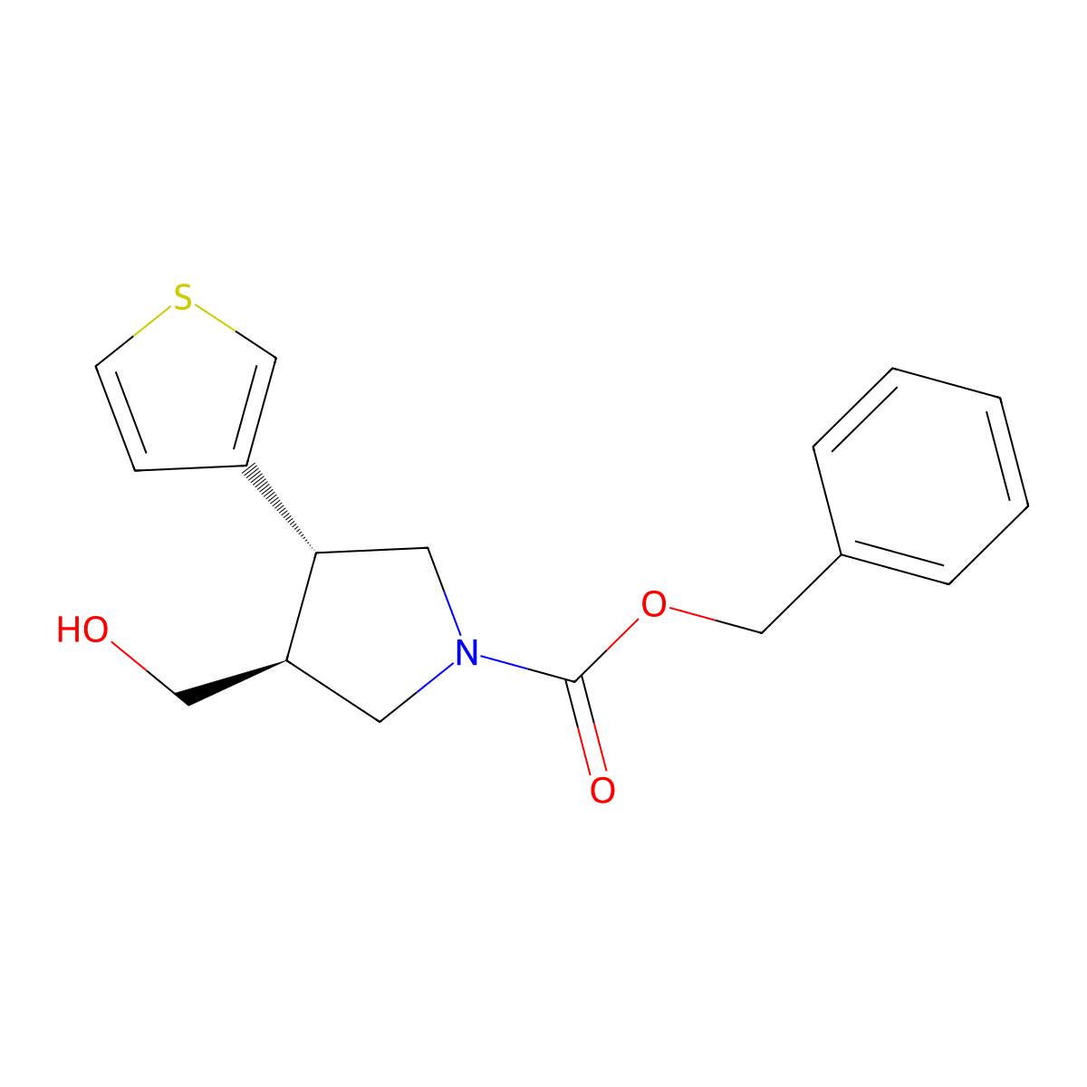 rac-benzyl (3R,4S)-3-(hydroxymethyl)-4-(thiophen-3-yl)pyrrolidine-1-carboxylate molecular structure, CAS 2679809-71-1