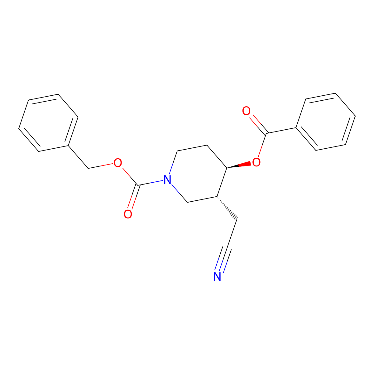 rac-benzyl (3R,4R)-4-(benzoyloxy)-3-(cyanomethyl)piperidine-1-carboxylate molecular structure, CAS 2679809-85-7