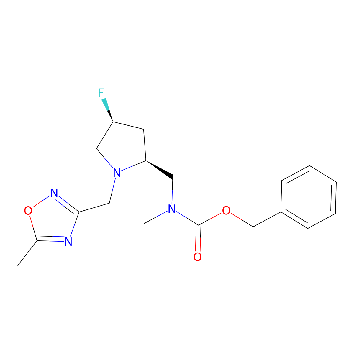 benzyl N-{[(2S,4S)-4-fluoro-1-[(5-methyl-1,2,4-oxadiazol-3-yl)methyl]pyrrolidin-2-yl]methyl}-N-methylcarbamate molecular structure, CAS 2679811-95-9