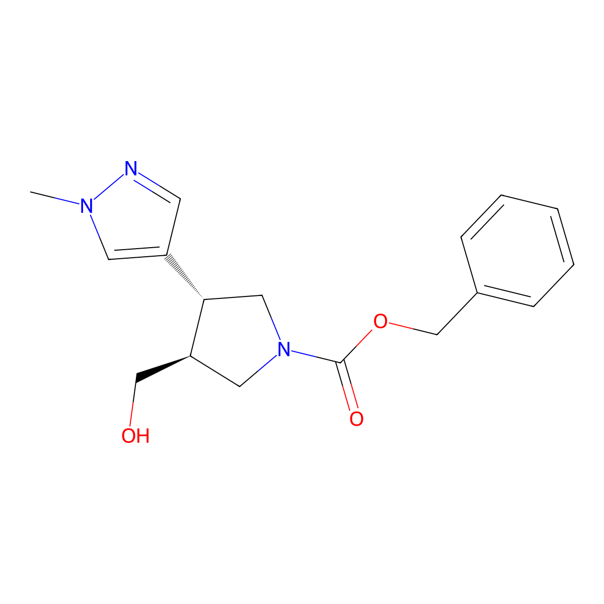 rac-benzyl (3R,4S)-3-(hydroxymethyl)-4-(1-methyl-1H-pyrazol-4-yl)pyrrolidine-1-carboxylate molecular structure, CAS 2679813-22-8