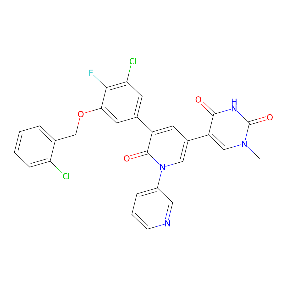 (5P)-5-[(1P,3M,3'P)-3-{3-chloro-5-[(2-chlorophenyl)methoxy]-4-fluorophenyl}-2-oxo-2H-[1,3'-bipyridin]-5-yl]-1-methylpyrimidine-2,4(1H,3H)-dione molecular structure, CAS 2679814-93-6