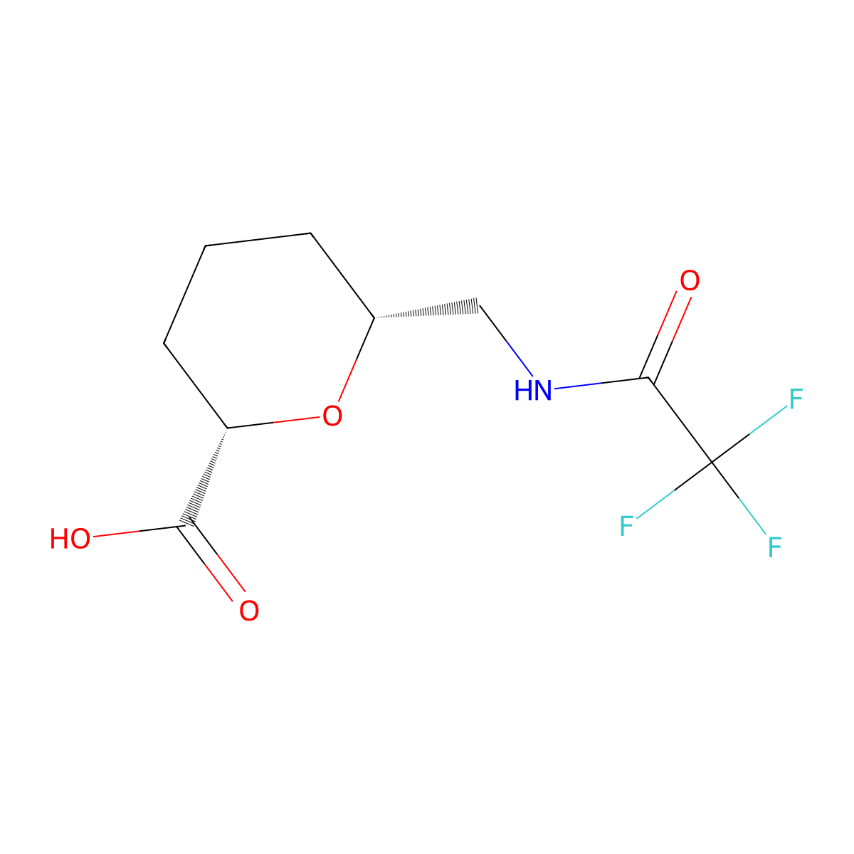 rac-(2R,6S)-6-[(2,2,2-trifluoroacetamido)methyl]oxane-2-carboxylic acid molecular structure, CAS 2679816-30-7