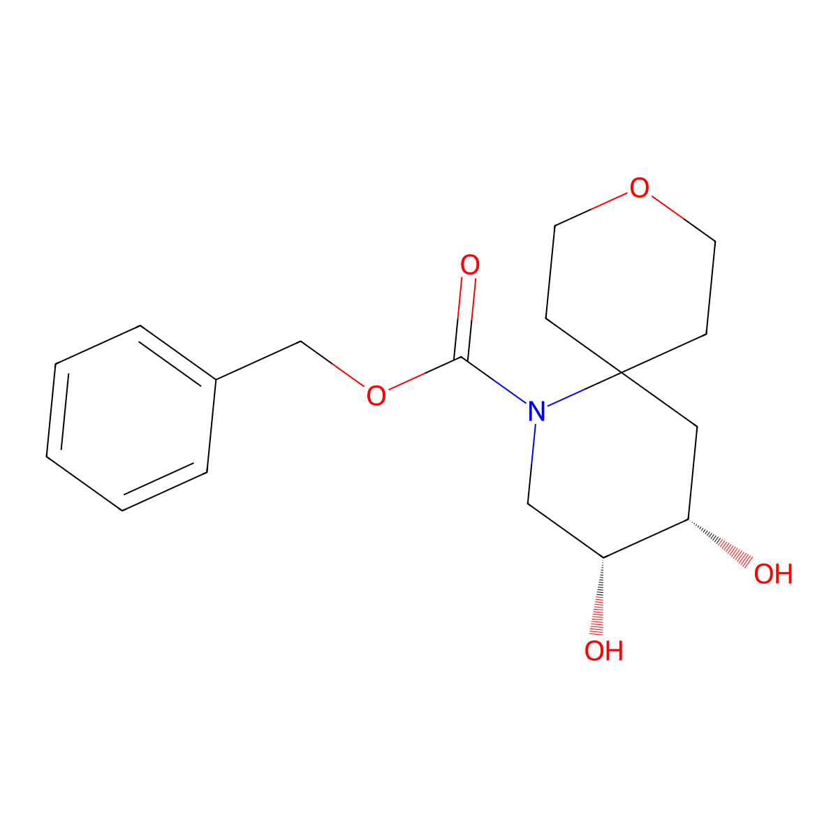 rac-benzyl (3R,4S)-3,4-dihydroxy-9-oxa-1-azaspiro[5.5]undecane-1-carboxylate molecular structure, CAS 2679817-26-4