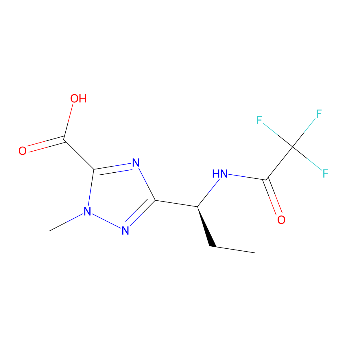 1-methyl-3-[(1S)-1-(2,2,2-trifluoroacetamido)propyl]-1H-1,2,4-triazole-5-carboxylic acid molecular structure, CAS 2679823-02-8