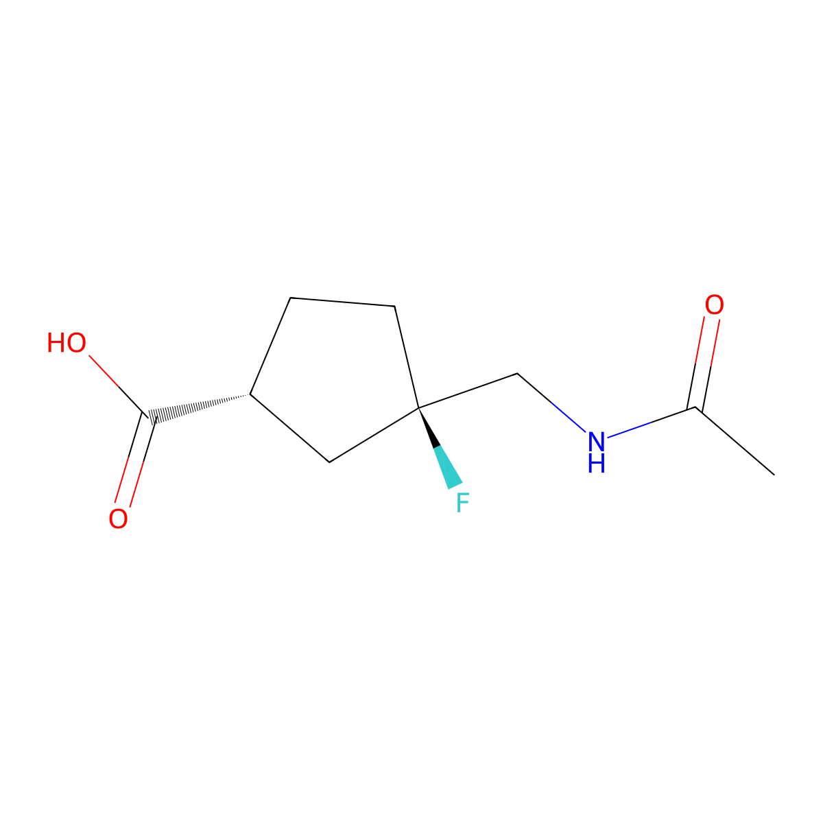rac-(1R,3R)-3-(acetamidomethyl)-3-fluorocyclopentane-1-carboxylic acid molecular structure, CAS 2679823-81-3