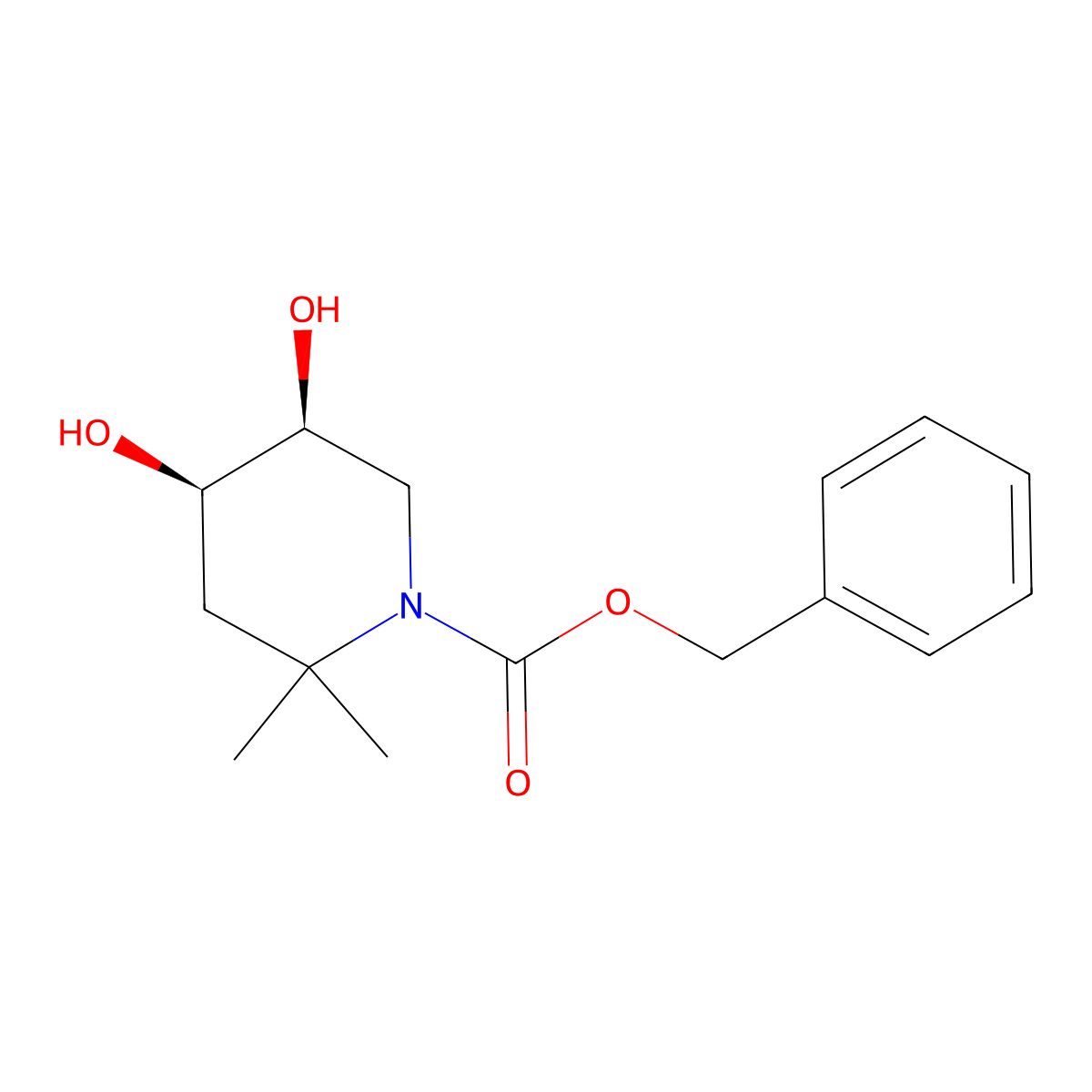 rac-benzyl (4R,5S)-4,5-dihydroxy-2,2-dimethylpiperidine-1-carboxylate molecular structure, CAS 2679824-28-1