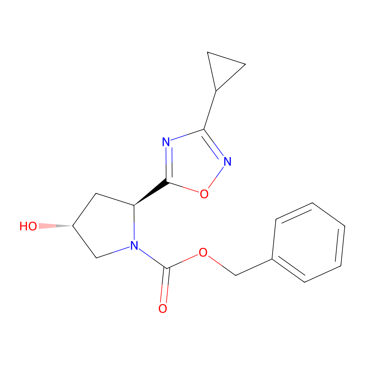 rac-benzyl (2R,4S)-2-(3-cyclopropyl-1,2,4-oxadiazol-5-yl)-4-hydroxypyrrolidine-1-carboxylate molecular structure, CAS 2679825-66-0