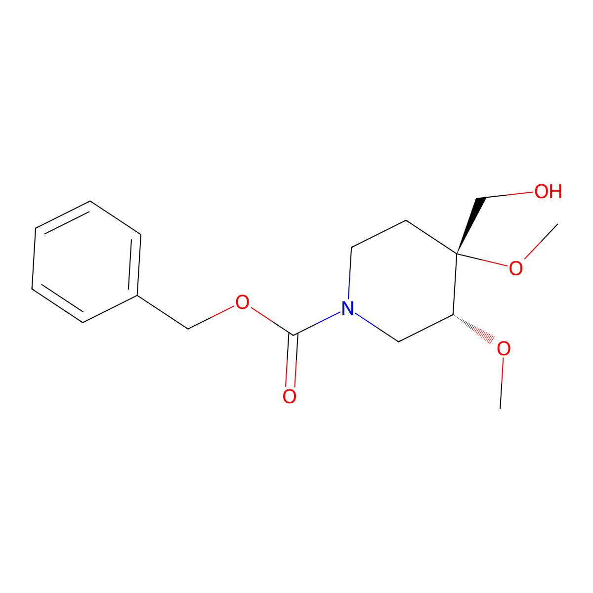 rac-benzyl (3R,4R)-4-(hydroxymethyl)-3,4-dimethoxypiperidine-1-carboxylate molecular structure, CAS 2679826-03-8