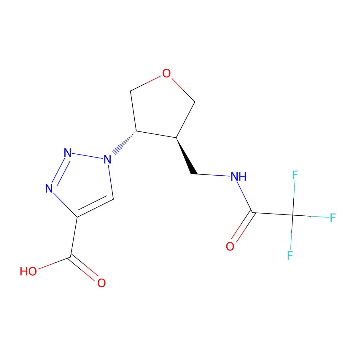 rac-1-[(3R,4R)-4-[(2,2,2-trifluoroacetamido)methyl]oxolan-3-yl]-1H-1,2,3-triazole-4-carboxylic acid molecular structure, CAS 2679826-39-0