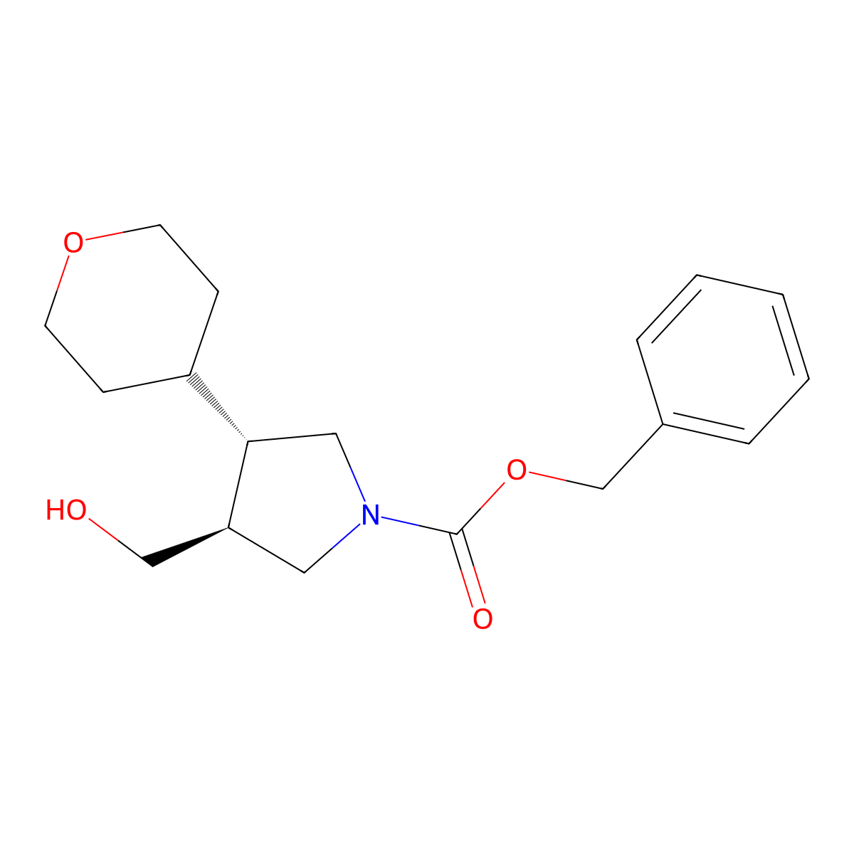 rac-benzyl (3R,4R)-3-(hydroxymethyl)-4-(oxan-4-yl)pyrrolidine-1-carboxylate molecular structure, CAS 2679828-08-9