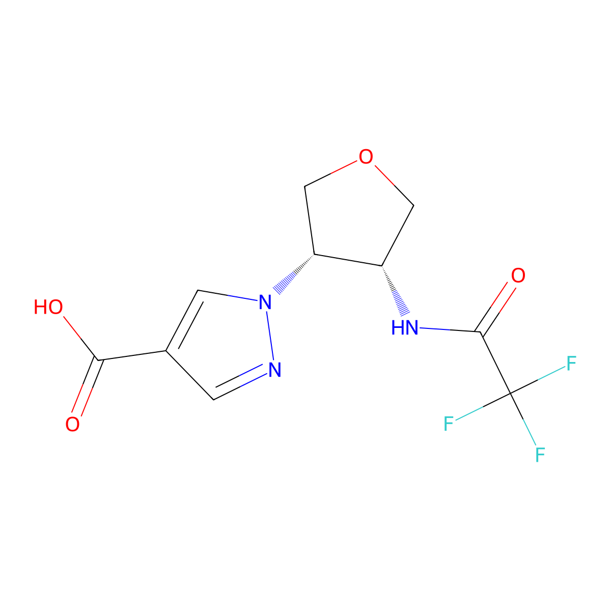 rac-1-[(3R,4S)-4-(2,2,2-trifluoroacetamido)oxolan-3-yl]-1H-pyrazole-4-carboxylic acid molecular structure, CAS 2679829-30-0