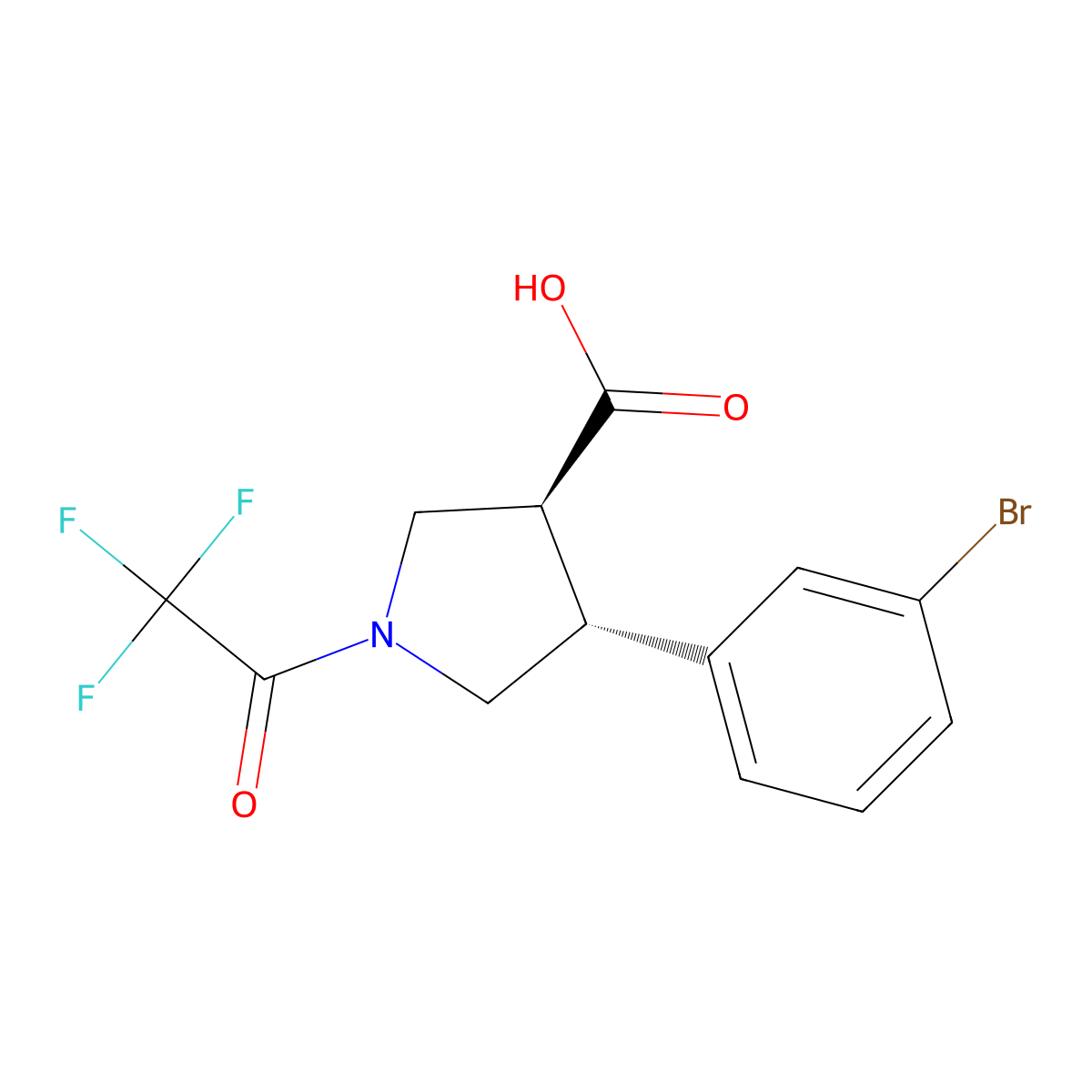 rac-(3R,4S)-4-(3-bromophenyl)-1-(2,2,2-trifluoroacetyl)pyrrolidine-3-carboxylic acid molecular structure, CAS 2679831-43-5