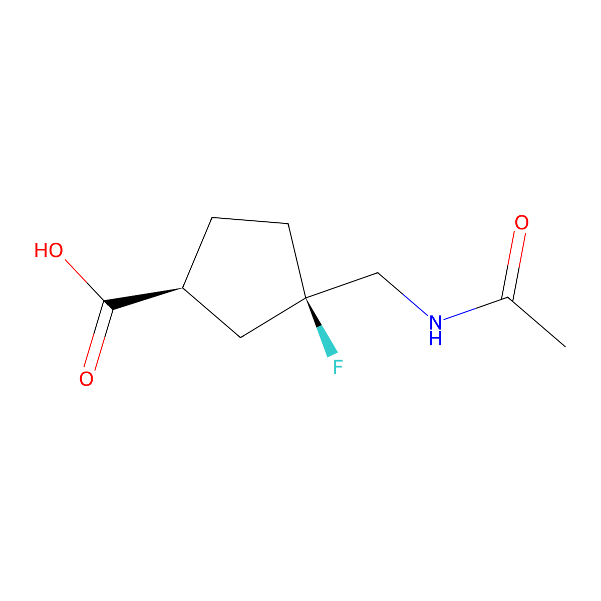 rac-(1R,3S)-3-(acetamidomethyl)-3-fluorocyclopentane-1-carboxylic acid molecular structure, CAS 2679832-40-5