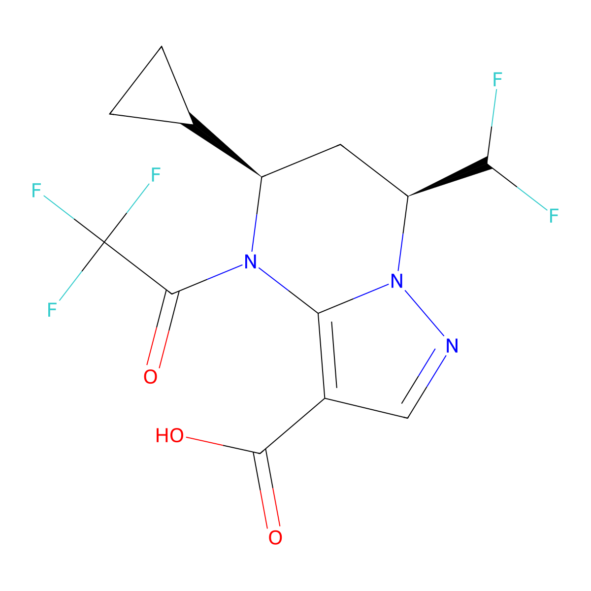 rac-(5R,7S)-5-cyclopropyl-7-(difluoromethyl)-4-(2,2,2-trifluoroacetyl)-4H,5H,6H,7H-pyrazolo[1,5-a]pyrimidine-3-carboxylic acid molecular structure, CAS 2679832-82-5