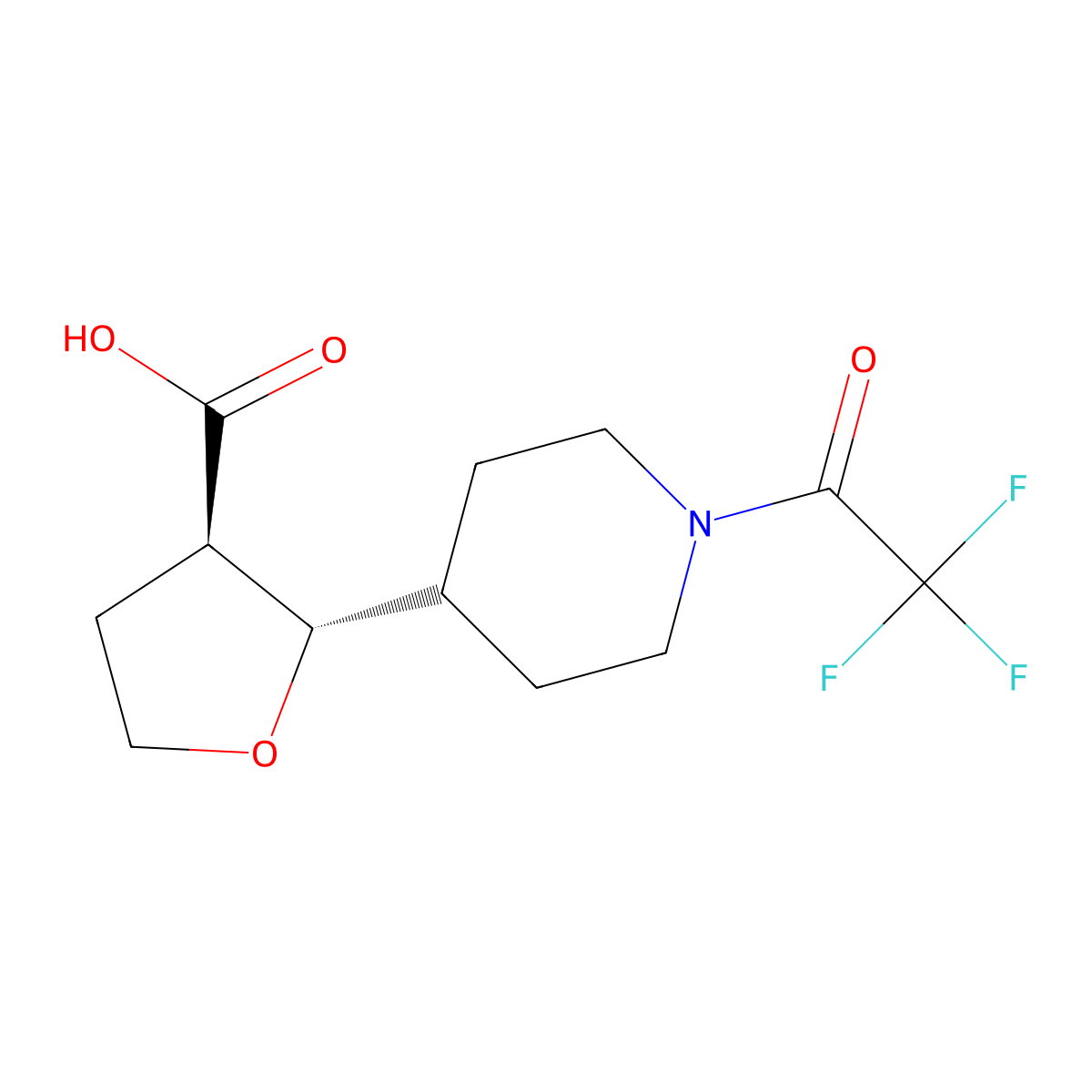 rac-(2R,3S)-2-[1-(2,2,2-trifluoroacetyl)piperidin-4-yl]oxolane-3-carboxylic acid molecular structure, CAS 2679836-05-4